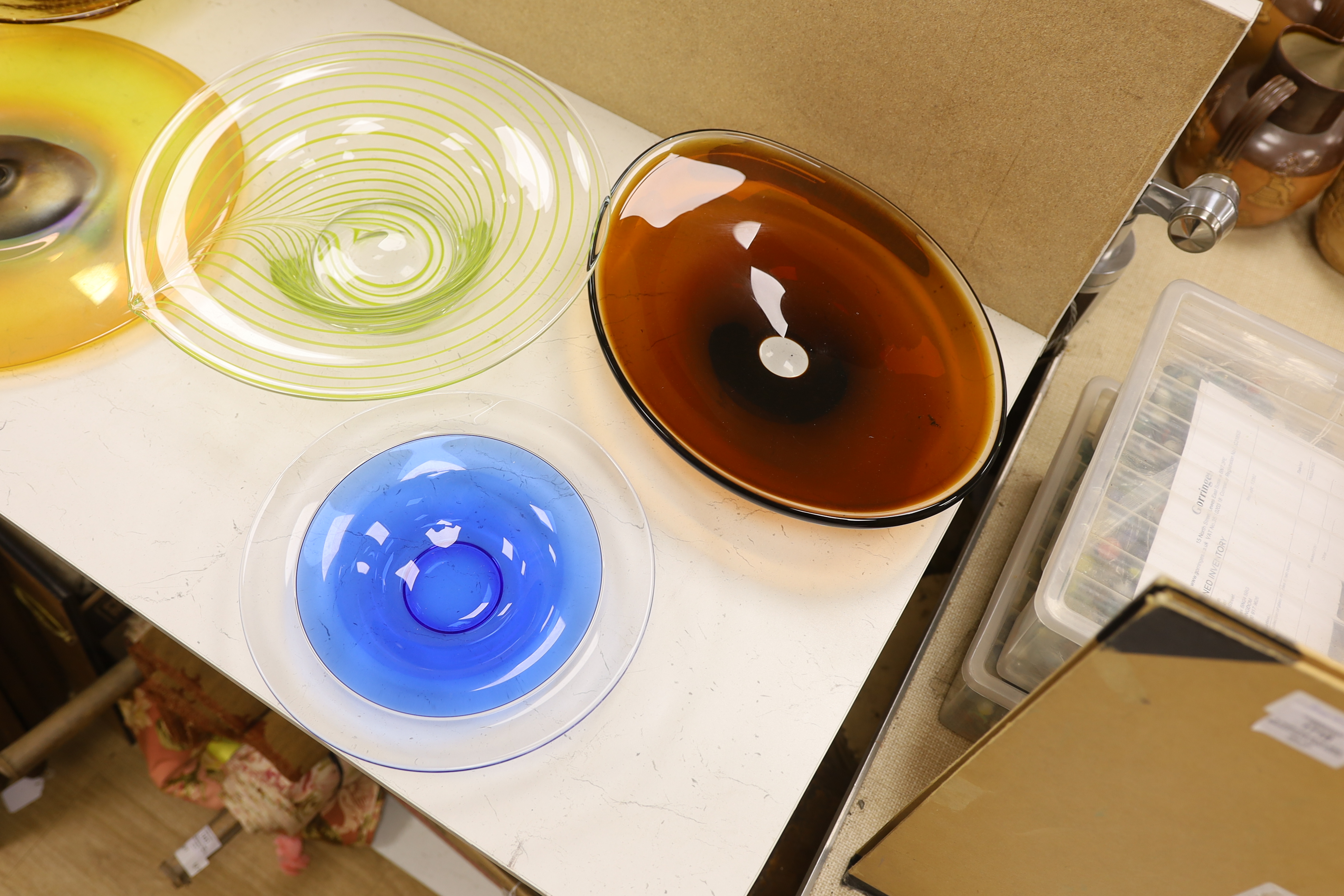 Five large studio coloured glass dishes, largest 42cm